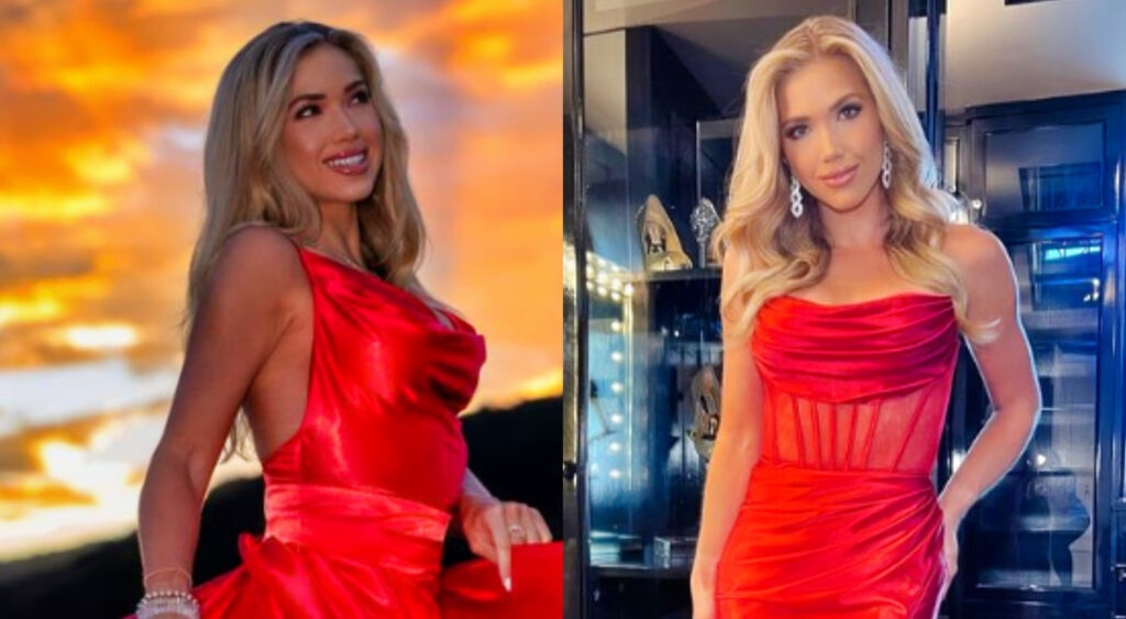 Two photos of Gracie Hunt posing in red dresses