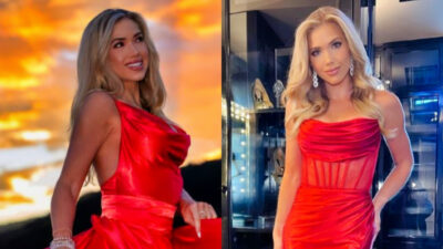 Two photos of Gracie Hunt posing in red dresses