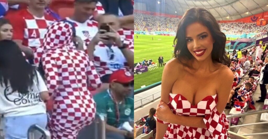 Female Croatia fan walks up the steps at the stadium during the World Cup.