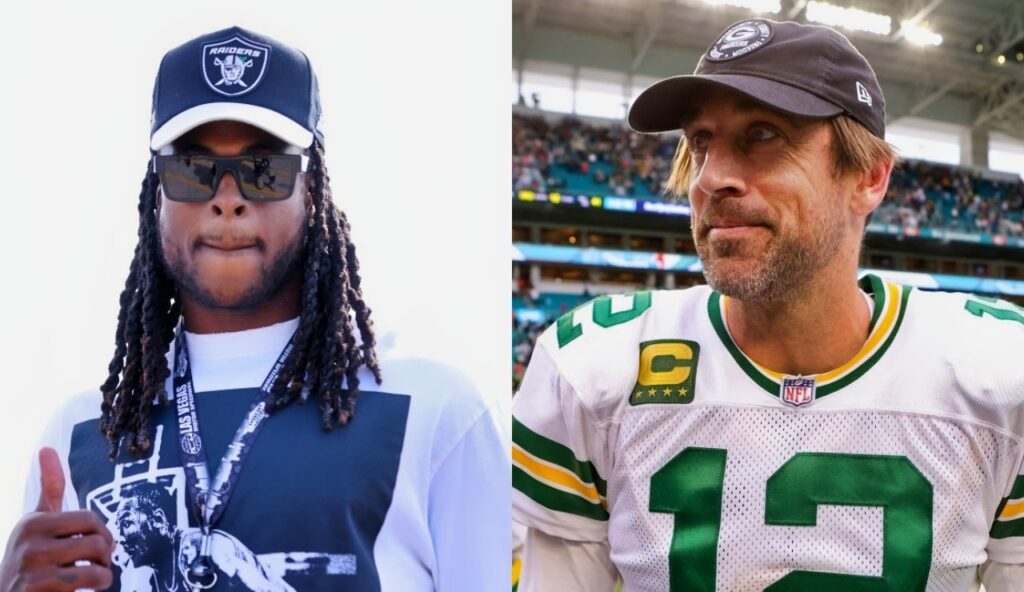 Davante Adams with a thumbs up while picture shows Aaron Rodgers in uniform without helmet