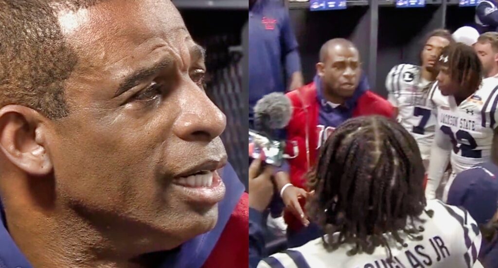 Deion Sanders cries while addressing Jackson State players for the last time.