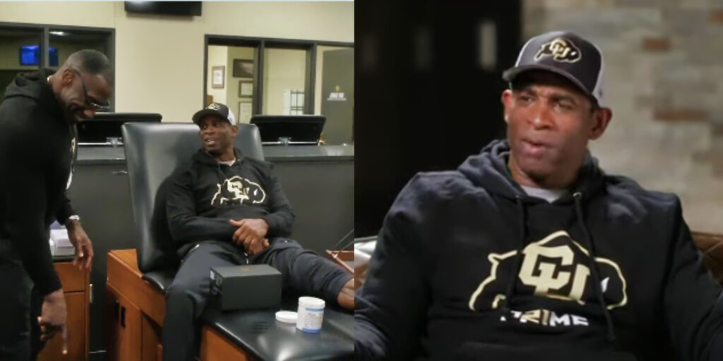Photo of Shannon Sharpe looking at Deion Sanders' foot and photo of Deion Sanders being interviewed