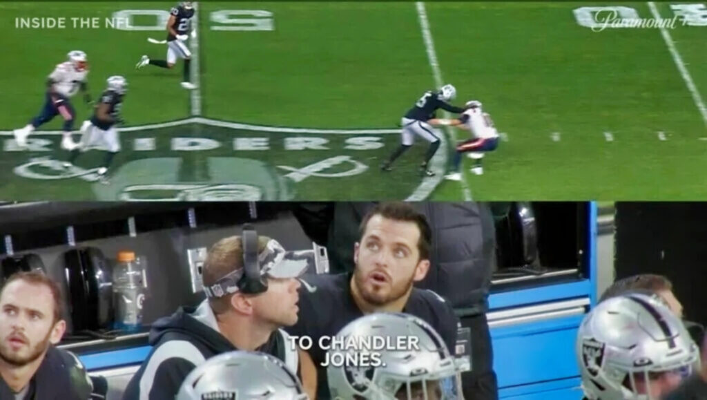 Chandler Jones of Las Vegas Raiders with the football after a lateral play (top). Raiders quarterback Derek Carr seeing the play from the sidelines (bottom).