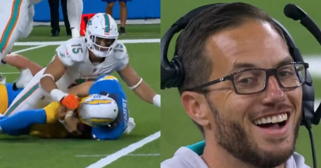 Dolphins Jaelan Phillips sacks Justin Herbert in one photo and Mike McDaniel laughs in another.