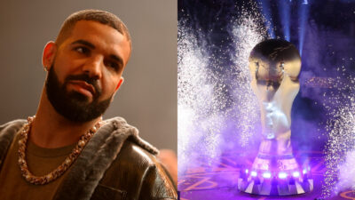 Photo od Drake staring to his left and photo of giant World Cup trophy replica