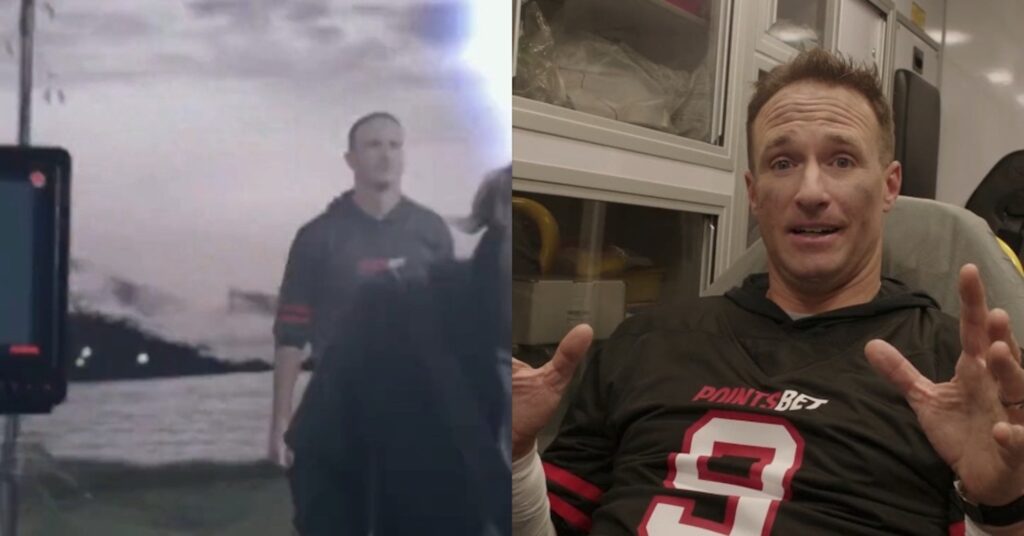 Drew Brees before and after being fake-struck by lightning.