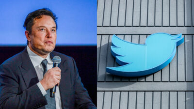 Photo of Elon Musk speaking into mic and photo of Twitter headquarters