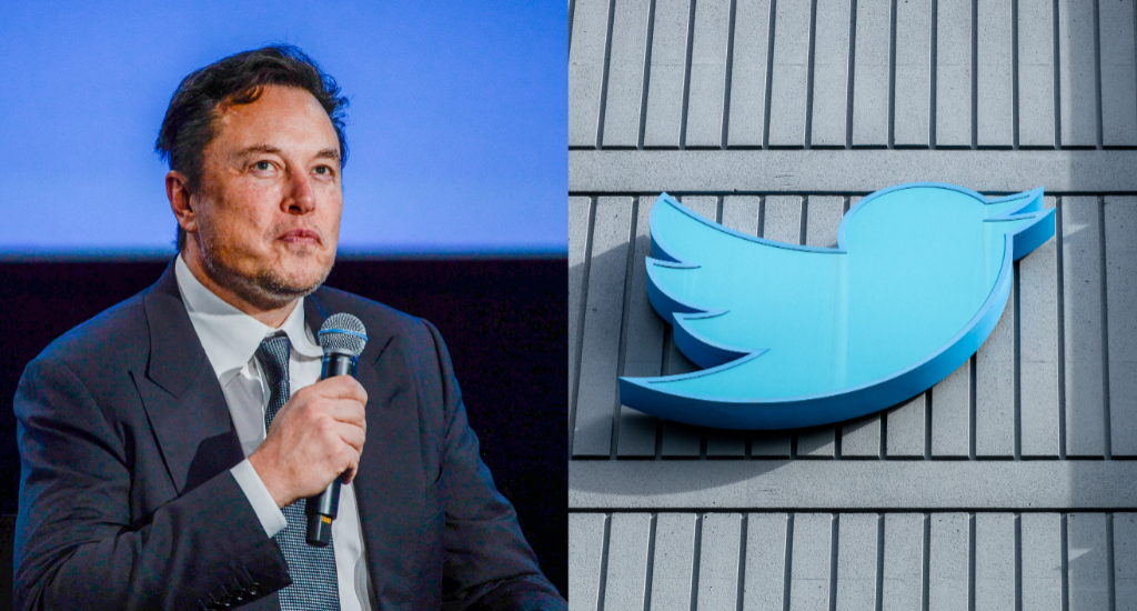Photo of Elon Musk speaking into mic and photo of Twitter headquarters