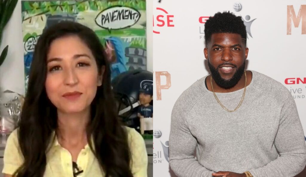 Mina Kimes smiling in a yellow shirt while Emmanuel Acho poses for picture
