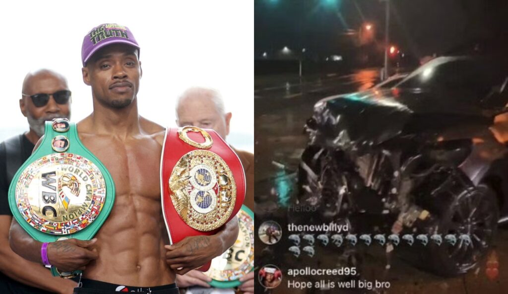 Errol Spence Jr. holding two belts while picture shows Errol Spence Jr.'s mangled car