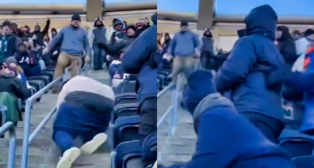 Photo of fan falling at Eagles game and a photo of fans watching him fall