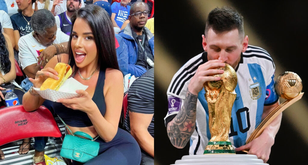 Photo of Ivana Knoll eating a hot dog and photo of Lionel Messi kissing World Cup trophy