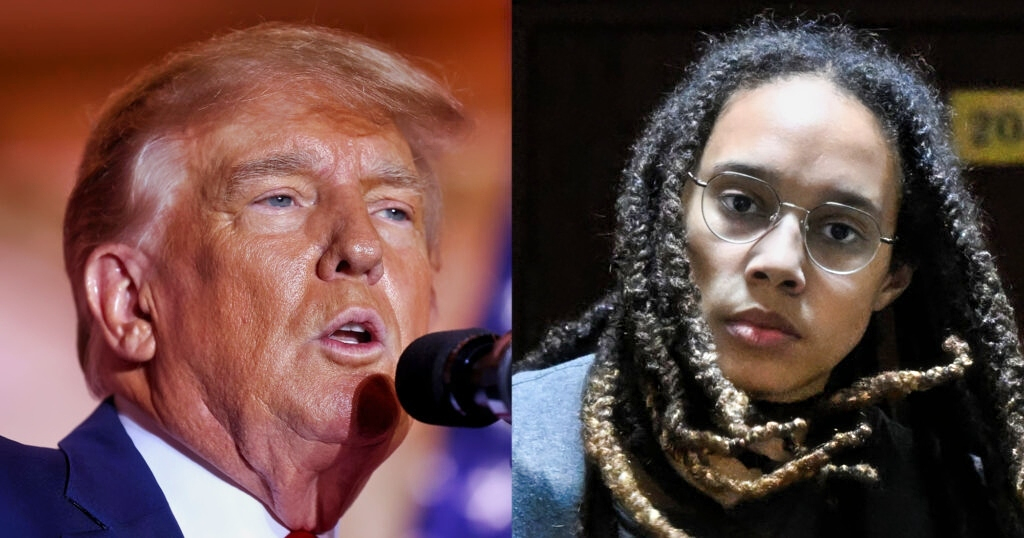 Former U.S. President Donald Trump speaking at his home. WNBA star Brittney Griner being led to a courtroom.
