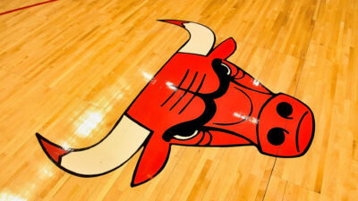 Chicago Bulls logo on team floor