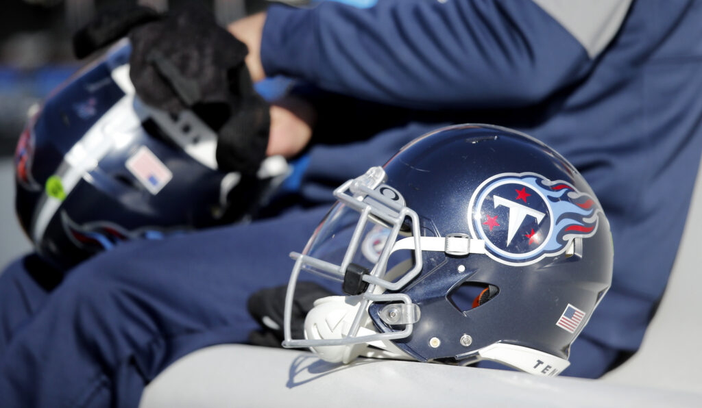 A Tennessee Titans helmet on the bench.