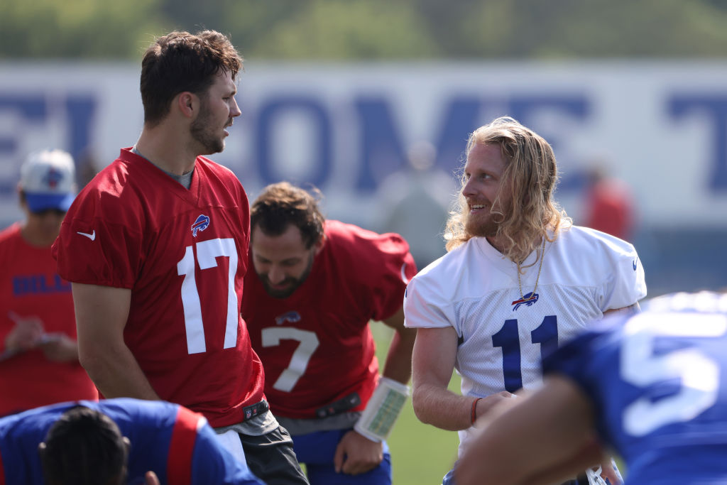 Josh Allen and Cole Beasley looking at each other in practice