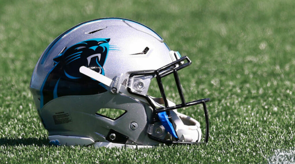 Carolina Panthers helmet lying on the ground at Bank of America Stadium.