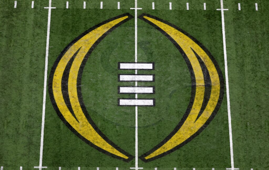 CFP National Championship logo shown on Lucas Oil Stadium in Indianapolis, Indiana.