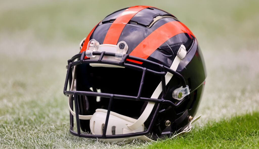 A Chicago Bears helmet lying on the ground at Soldier Field in 2022.