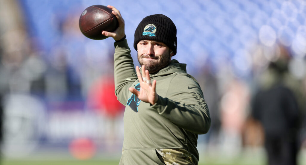 Baker Mayfield warms up before a game.