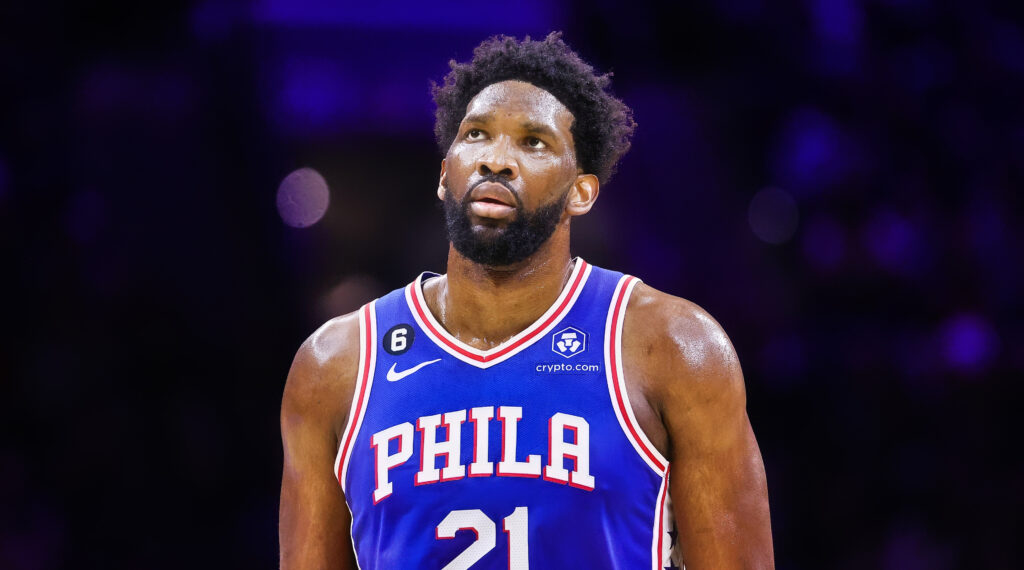 Joel Embiid staring up during game.