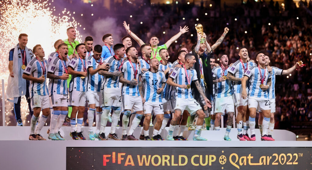 Argentina celebrates on field world cup win.