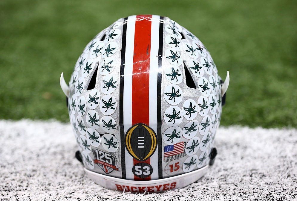 Ohio State Buckeyes helmet on the sidelines ahead of 2015 game.