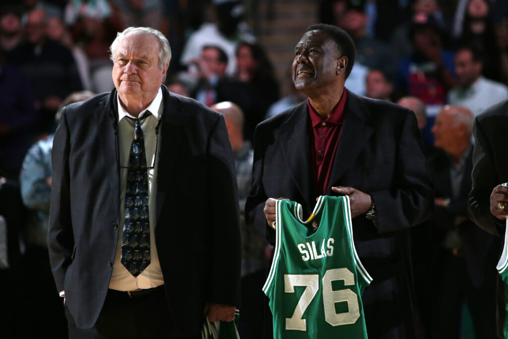 Tom Heinsohn and Paul Silas are honored at halftime of the game between the Boston Celtics and the Miami Heat