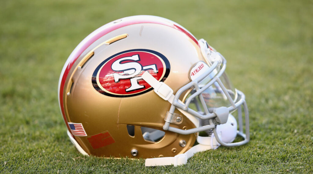 A 49ers helmet on the field.