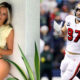 Photo of Jenna Berman posing in lingerie and photo of Nick Bosa gesture during football game