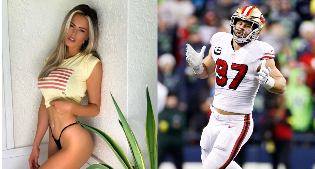Photo of Jenna Berman posing in lingerie and photo of Nick Bosa gesture during football game
