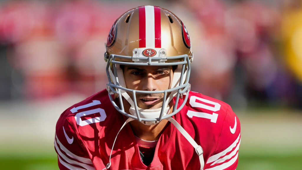 San Francisco 49ers quarterback Jimmy Garoppolo practicing ahead of game.