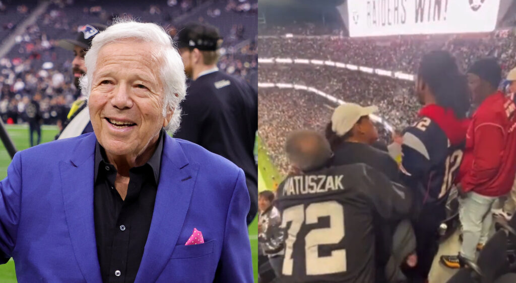 New England Patriots owner Robert Kraft smiling (left). Las Vegas Raiders fan yelling at Patriots fan (right) after Week 15 game.