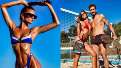 Photo of Izabel Goulart posing in lingerie and photo of Izabel Goulart and boyfriend Kevin Trapp holding each other on a beach
