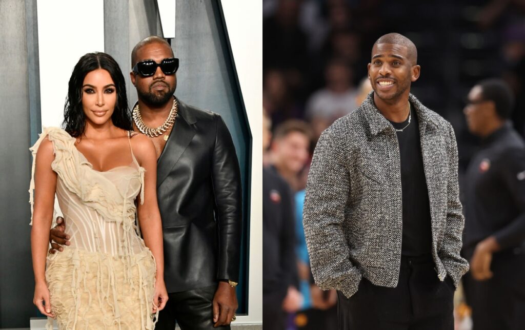 Kim Kardashian and Kanye West posing at event while other picture shows Chris Paul with his hands in his pants