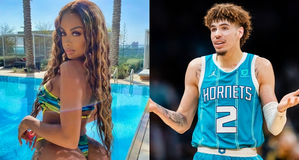 A photo of Ana Mntana posing near a pool and a photo of Lamelo Ball during a game