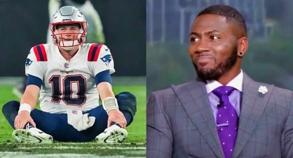 Split image of Mac Jones sitting on the field and Ryan Clark giving an angry look while doing a show in the studio.