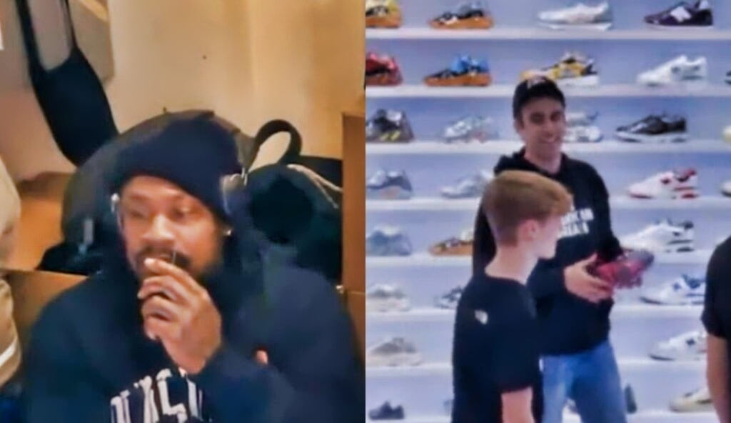 Marshawn Lynch on walkie talkie while other picture shows his friend talking to customers in shoe store