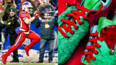 Photo of Nyheim Hines running with football and photo of Christmas cleats belonging to Nyheim Hines