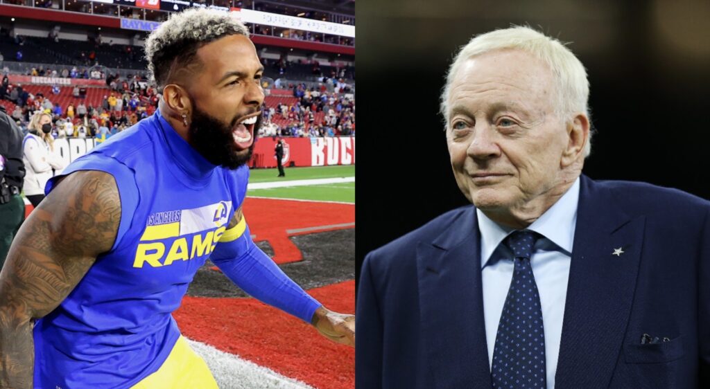 Odell Beckham screaming in one photo and Jerry Jones looking on in another.