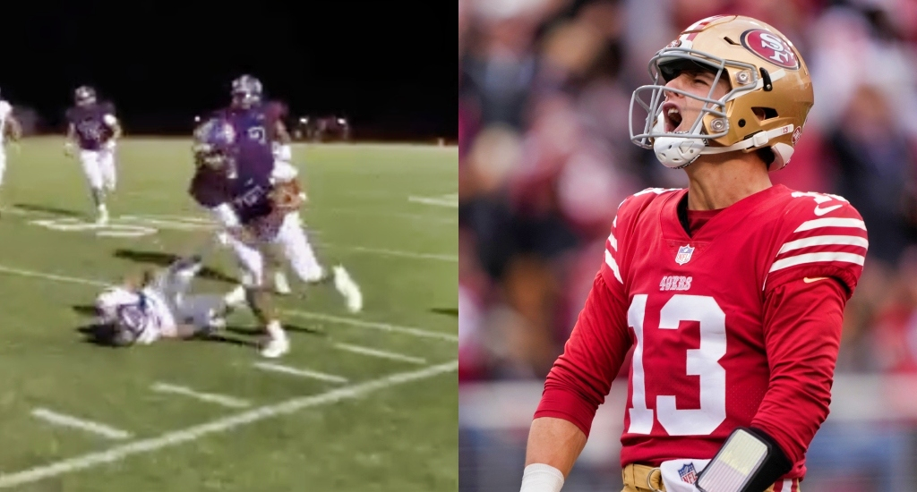 A pic of Brock Purdy in high school laying a stiff arm and a pic of Brock on the Niners celebrating.
