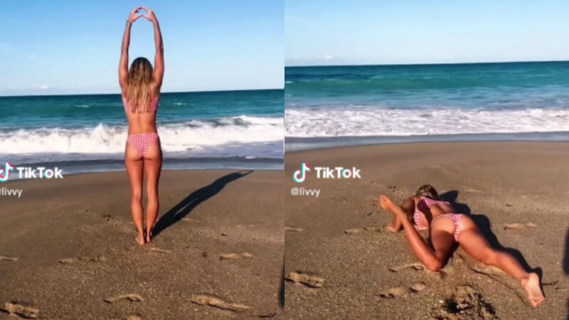 Photo of Olivia Dunne attempting a beach flip and a photo of her failing it