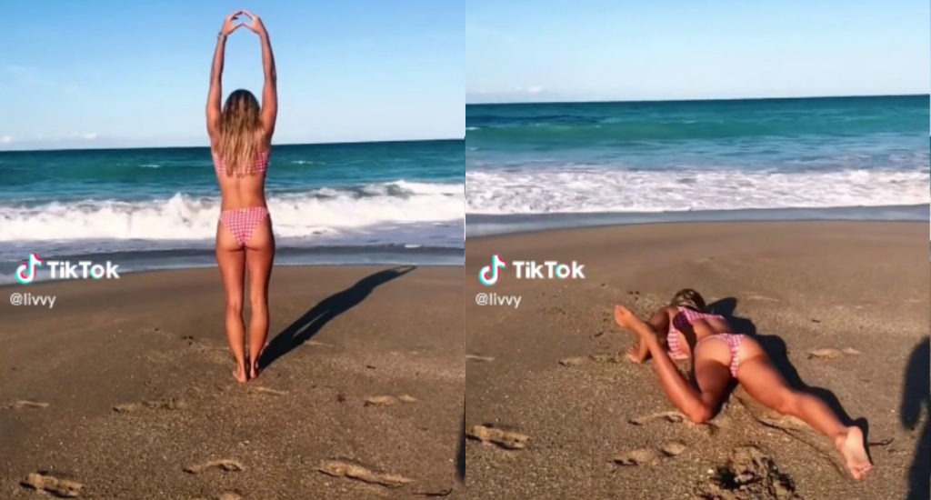 Photo of Olivia Dunne attempting a beach flip and a photo of her failing it