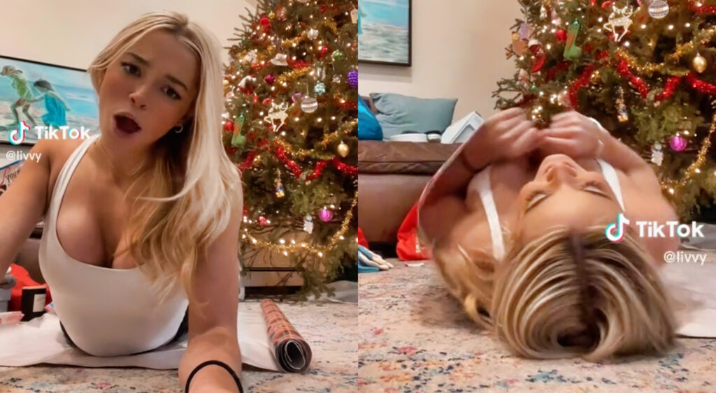 Olivia Dunne wrapping herself up in Christmas paper