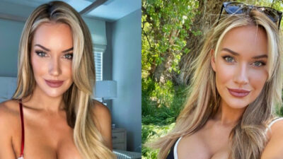 Two photos of Paige Spiranac posing in for racy photos
