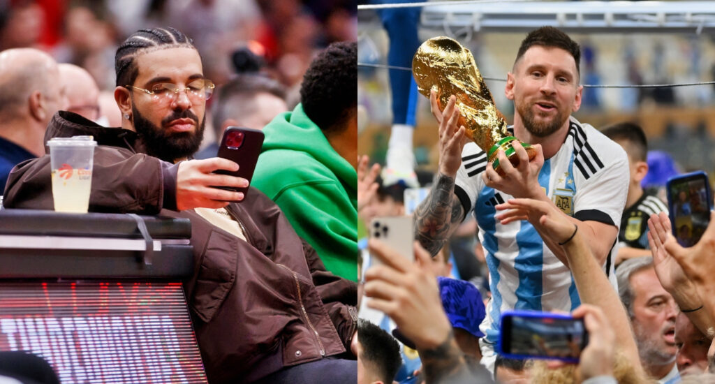 Photo of Drake staring at his phone and photo of Argentina players celebrating World Cup win
