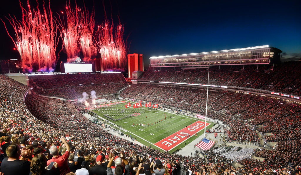 Fireworks go off as the Ohio State Buckeyes take the field for a game