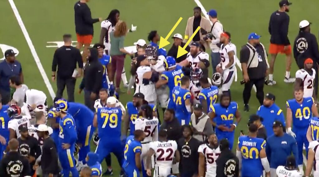 A skirmish breaks out during postgame handshakes between the Broncos and Rams.
