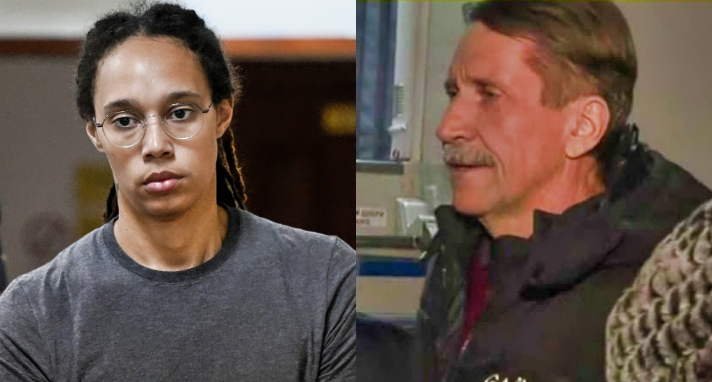 A pic of Brittney Griner in courtroom and a pic of Viktor Bout speaking to reporters outside.