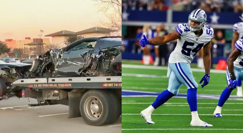 Split image of a wrecked Corvette and Sam Williams giving a thumbs up while lining up for a play.
